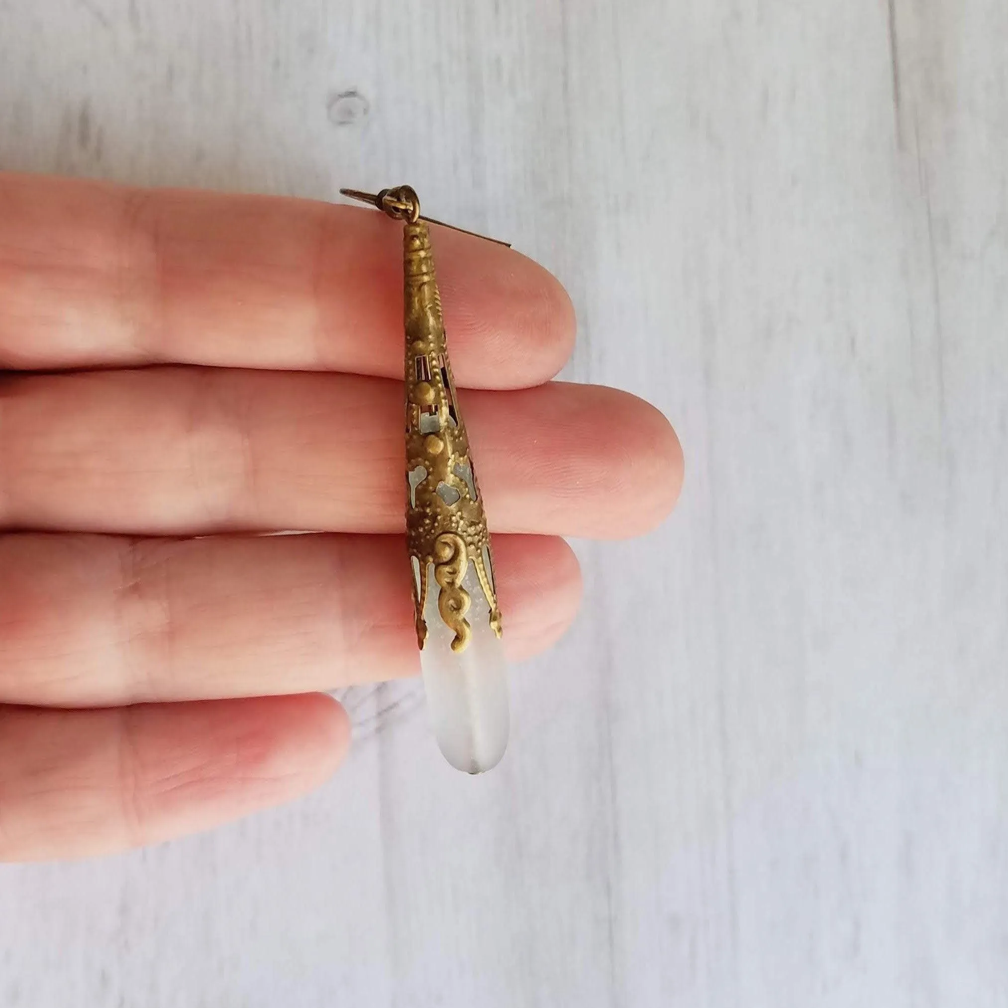 Long Thin Drop Earrings, frosted glass earring, sea glass earring, green grey earring, sea glass teardrop, bronze filigree earring, cone
