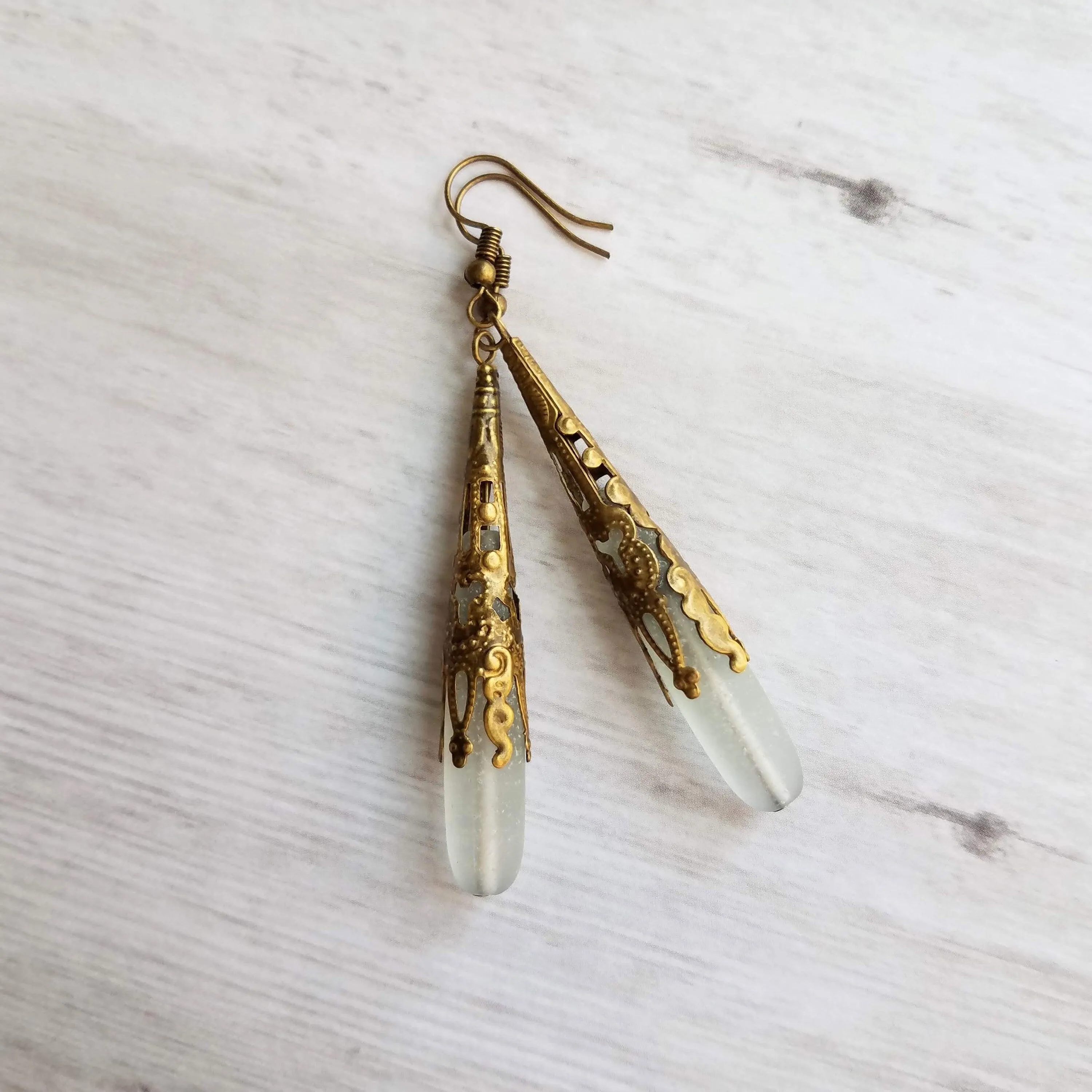 Long Thin Drop Earrings, frosted glass earring, sea glass earring, green grey earring, sea glass teardrop, bronze filigree earring, cone