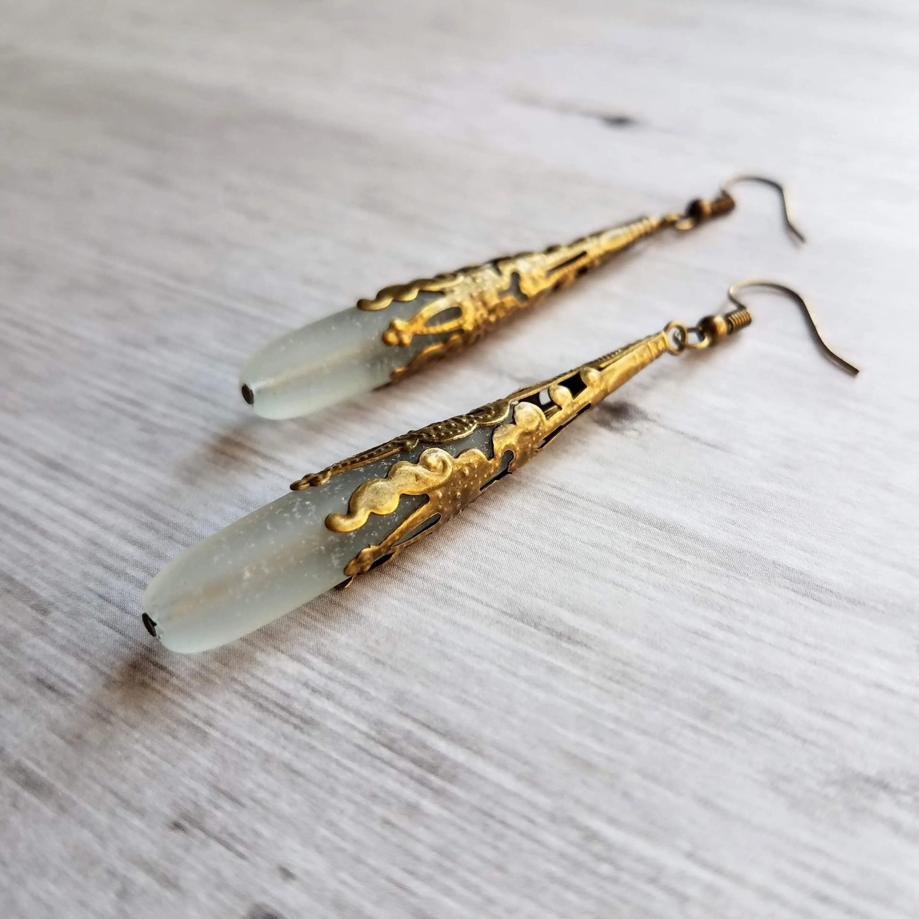 Long Thin Drop Earrings, frosted glass earring, sea glass earring, green grey earring, sea glass teardrop, bronze filigree earring, cone
