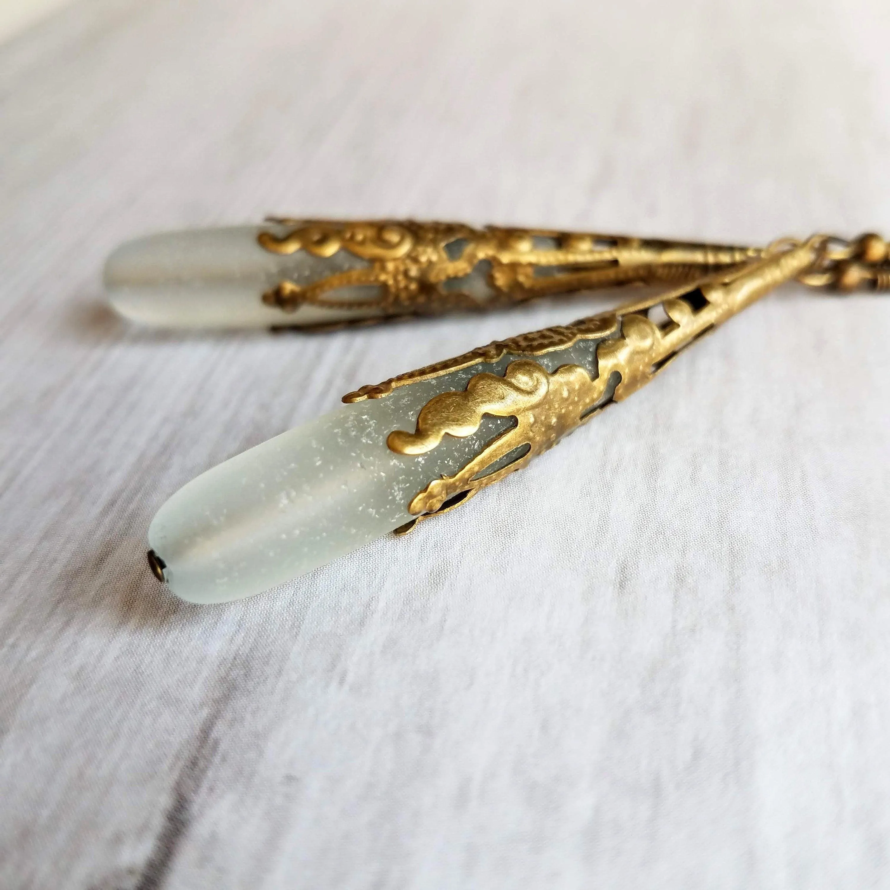 Long Thin Drop Earrings, frosted glass earring, sea glass earring, green grey earring, sea glass teardrop, bronze filigree earring, cone