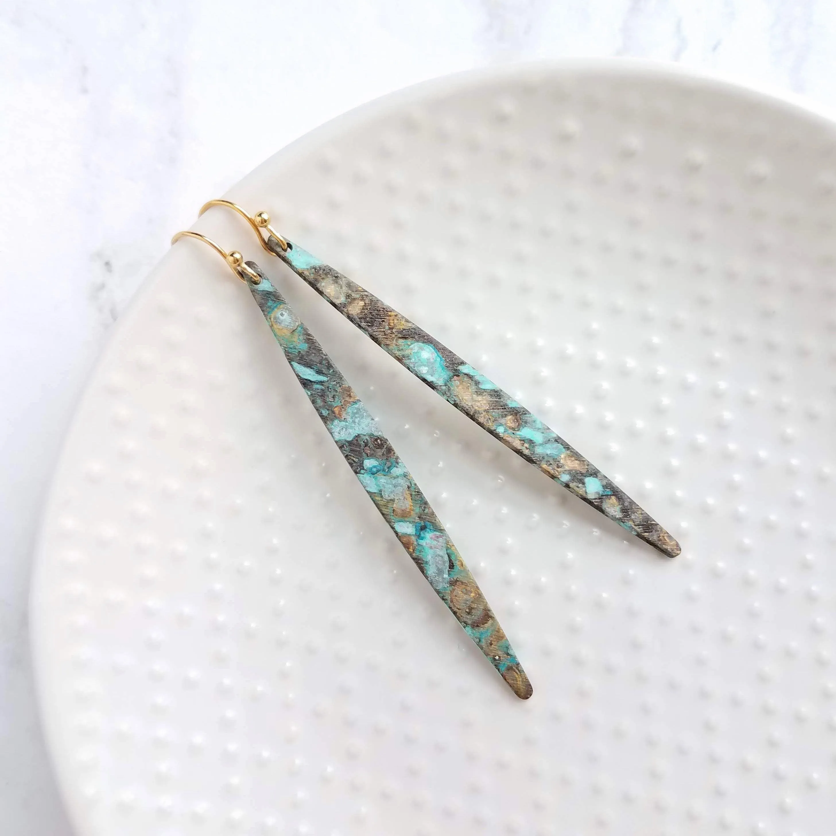 Long Thin Earrings - verdigris earring, patina earring, long spear earring, blue green earring, rustic earring, mottled earrring, black
