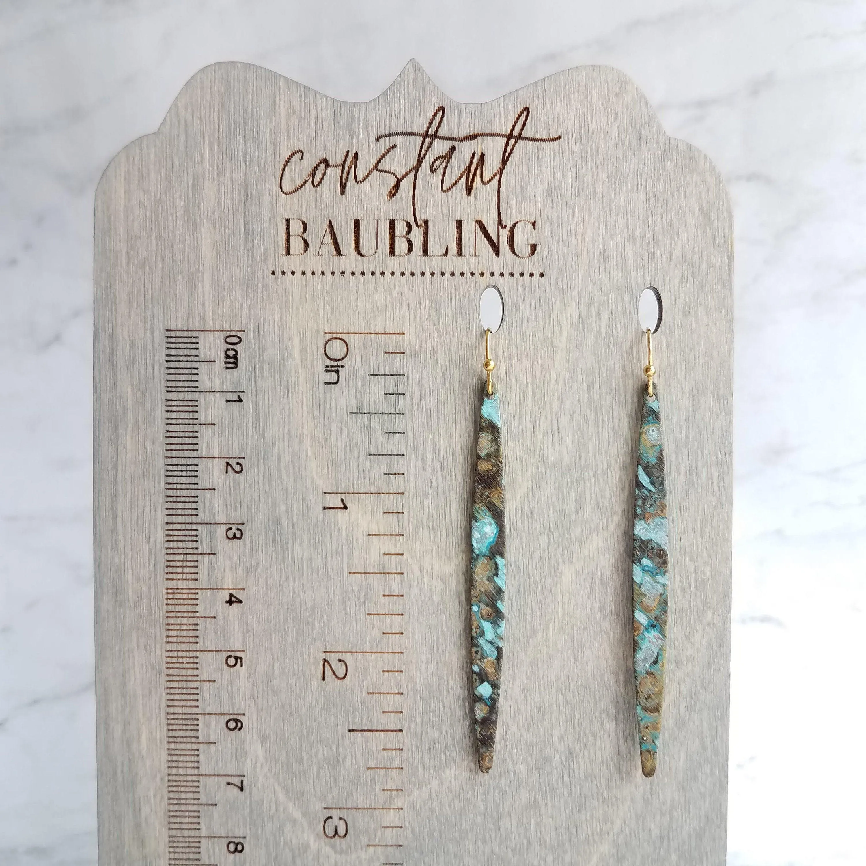 Long Thin Earrings - verdigris earring, patina earring, long spear earring, blue green earring, rustic earring, mottled earrring, black