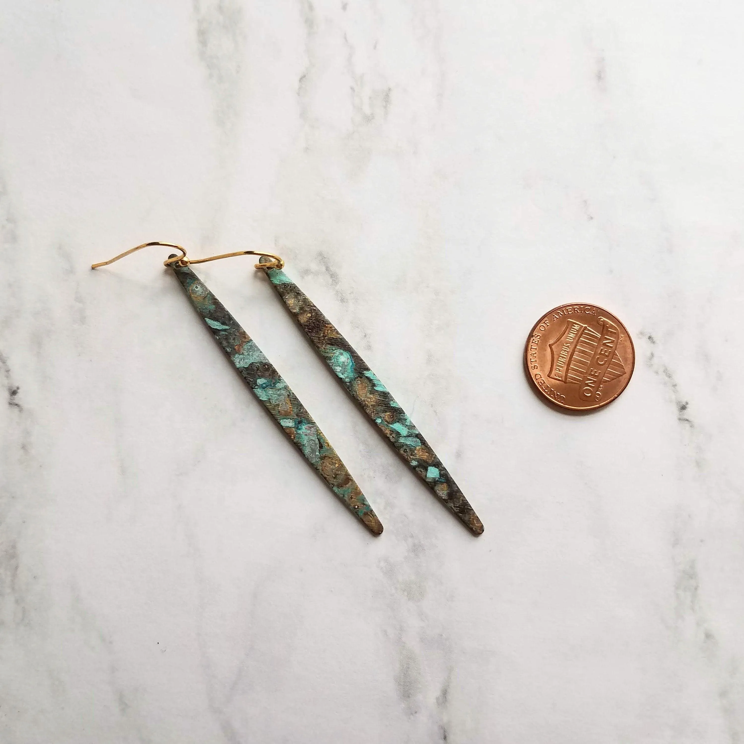 Long Thin Earrings - verdigris earring, patina earring, long spear earring, blue green earring, rustic earring, mottled earrring, black