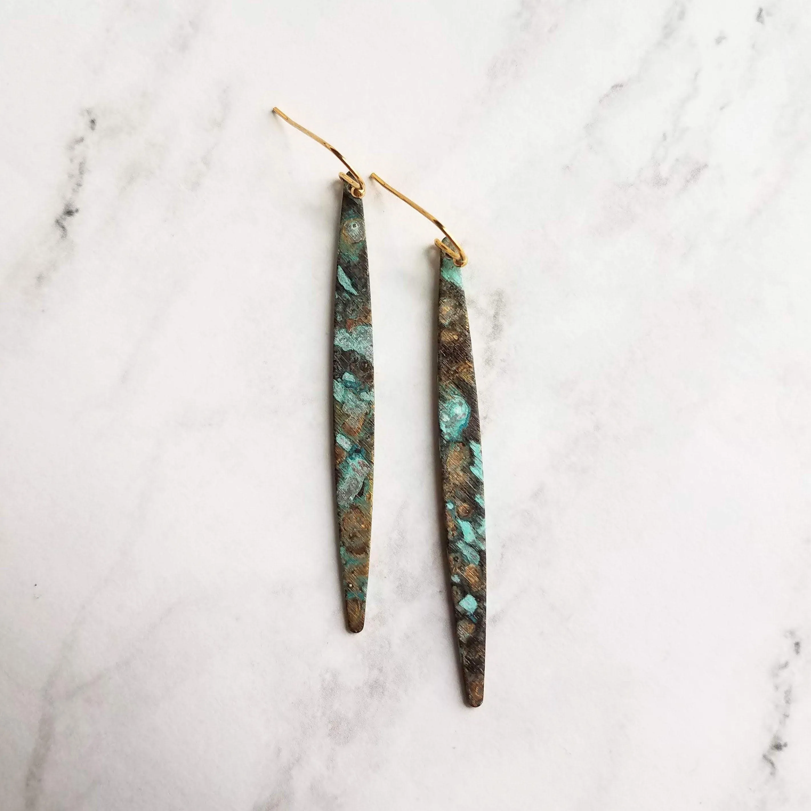 Long Thin Earrings - verdigris earring, patina earring, long spear earring, blue green earring, rustic earring, mottled earrring, black
