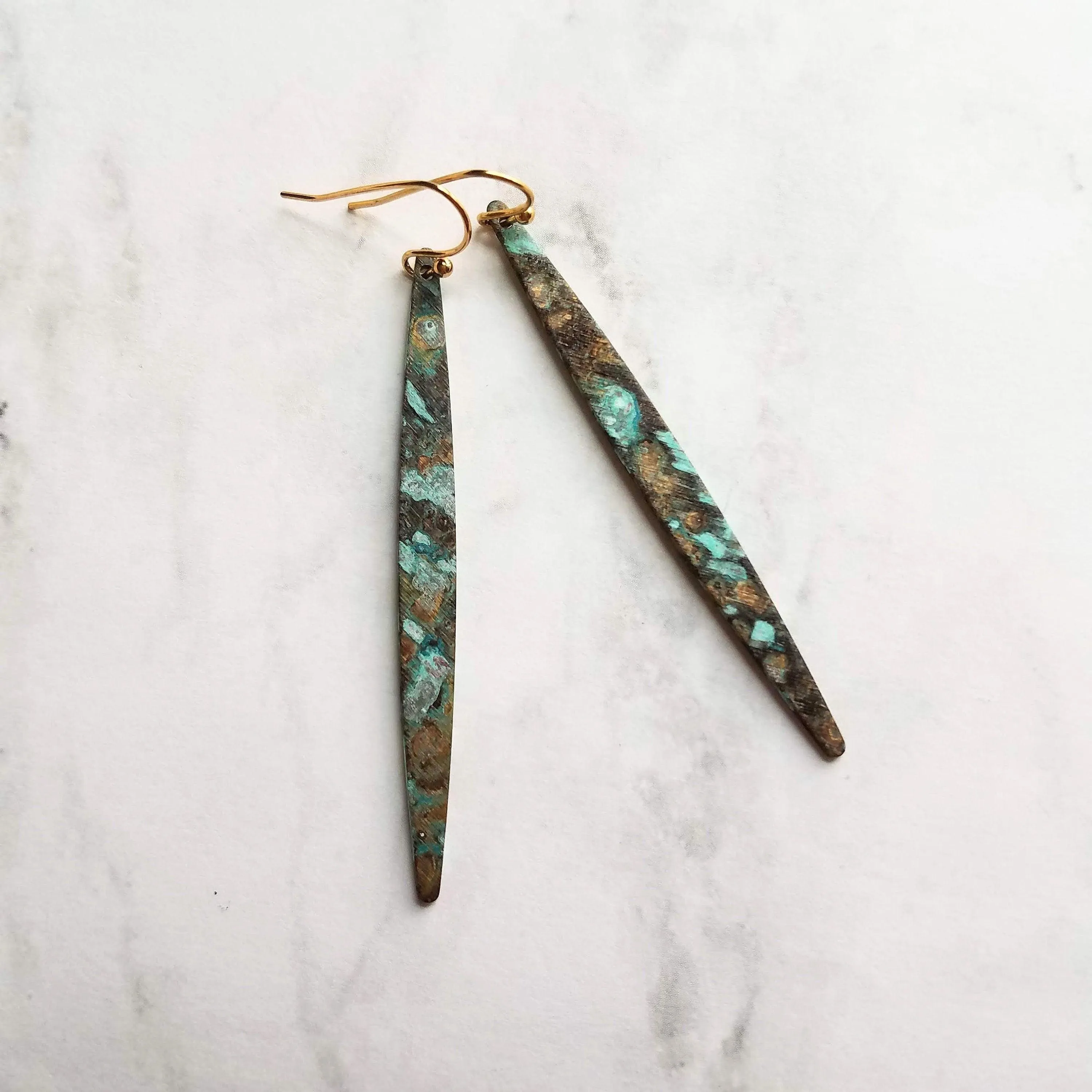 Long Thin Earrings - verdigris earring, patina earring, long spear earring, blue green earring, rustic earring, mottled earrring, black
