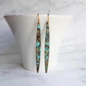 Long Thin Earrings - verdigris earring, patina earring, long spear earring, blue green earring, rustic earring, mottled earrring, black