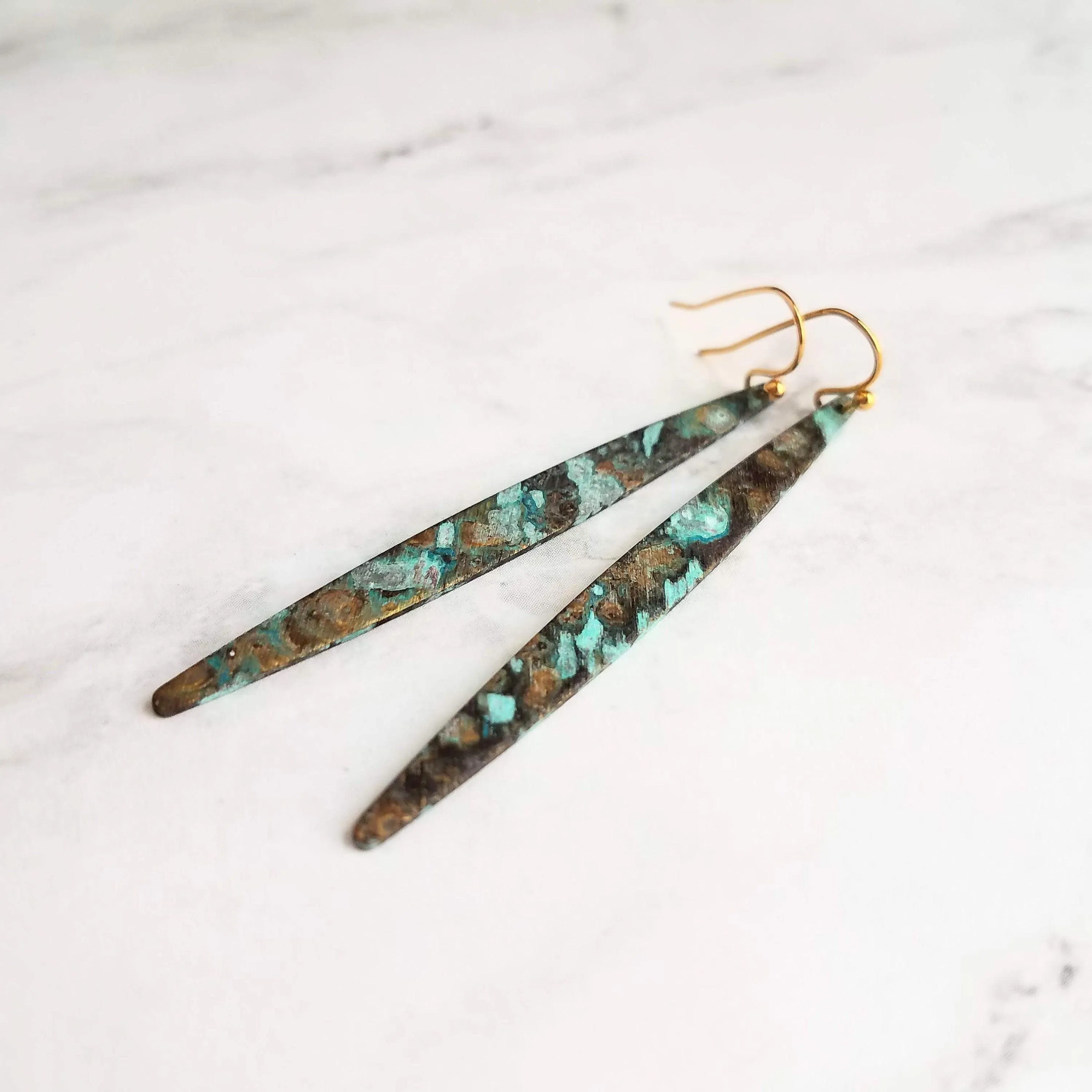 Long Thin Earrings - verdigris earring, patina earring, long spear earring, blue green earring, rustic earring, mottled earrring, black