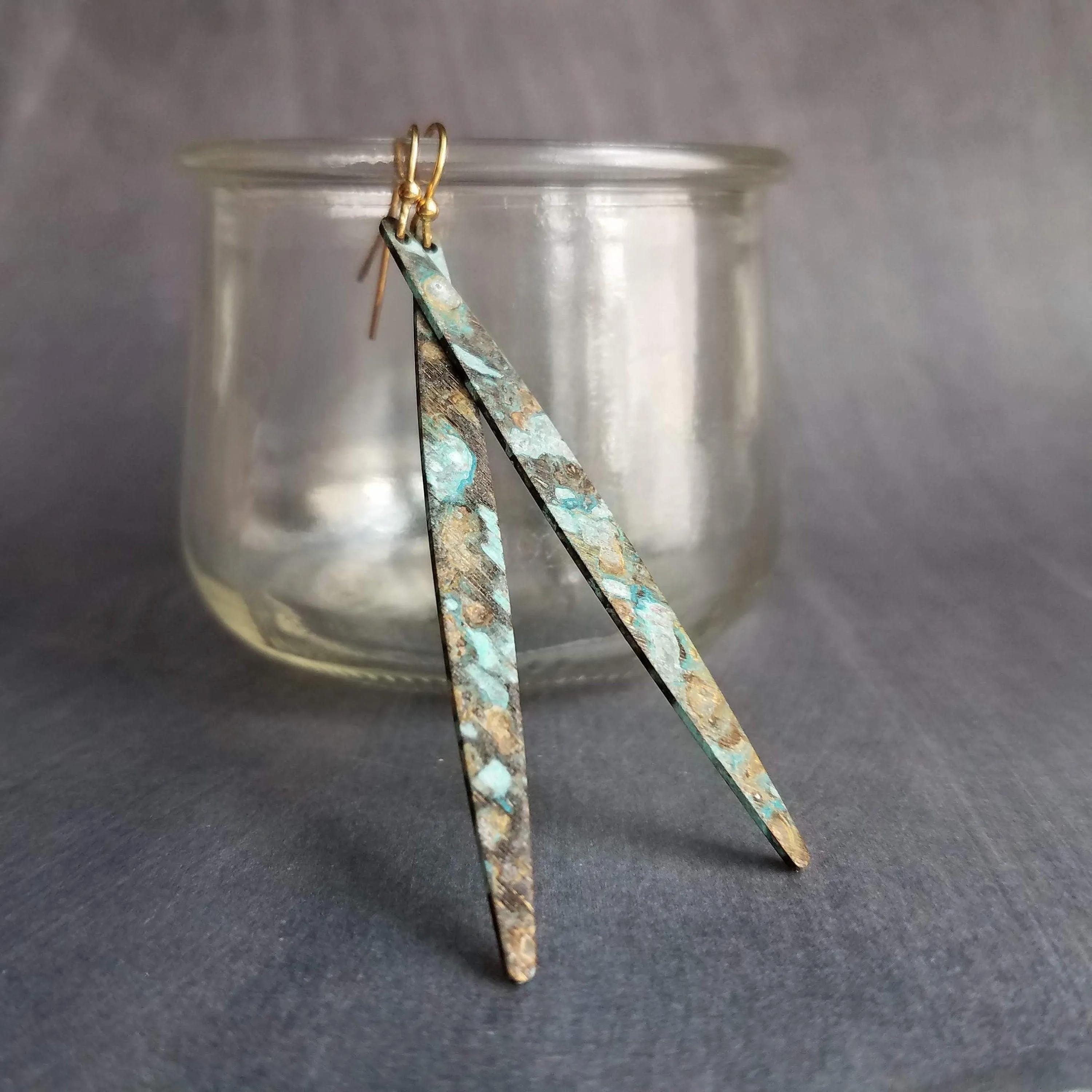 Long Thin Earrings - verdigris earring, patina earring, long spear earring, blue green earring, rustic earring, mottled earrring, black