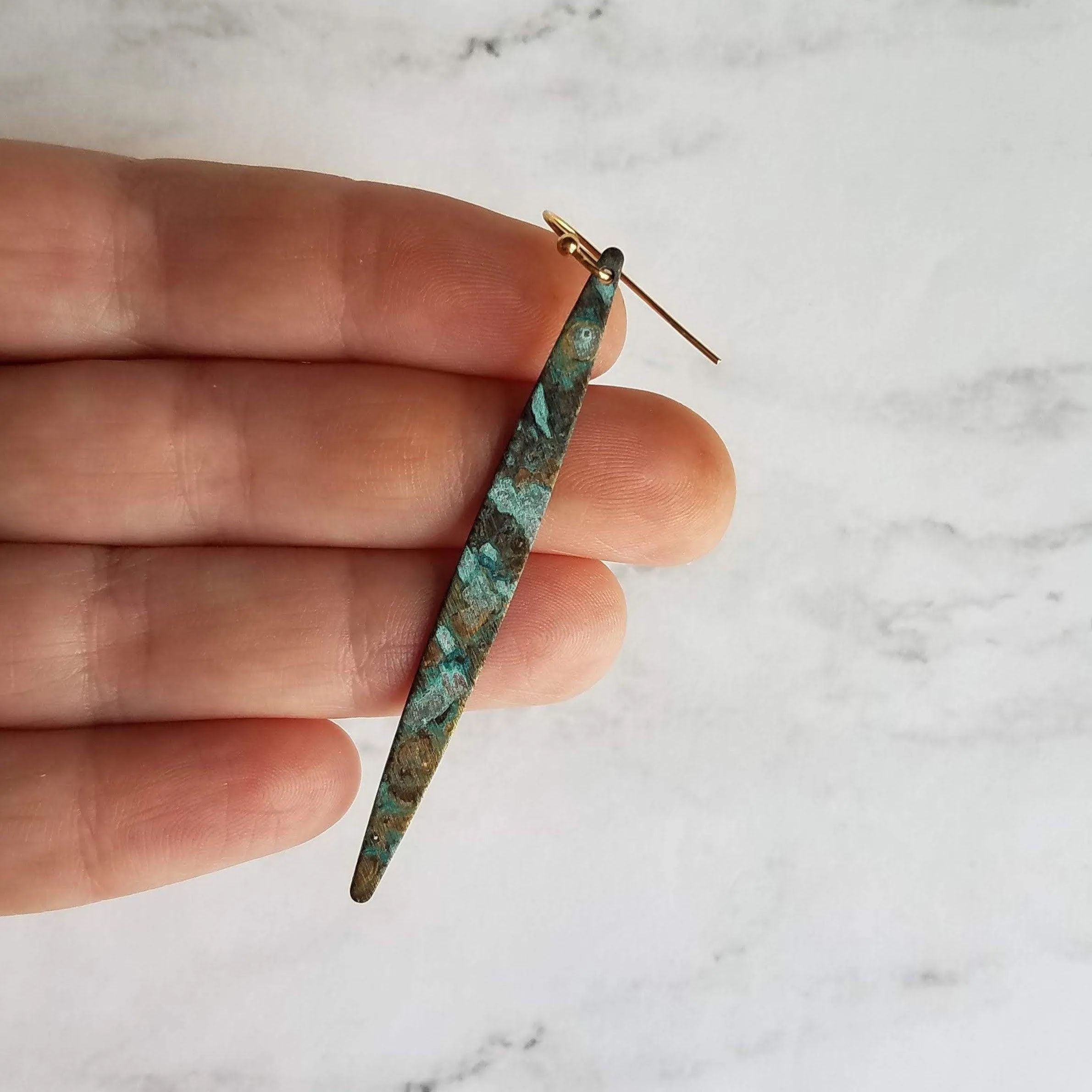 Long Thin Earrings - verdigris earring, patina earring, long spear earring, blue green earring, rustic earring, mottled earrring, black