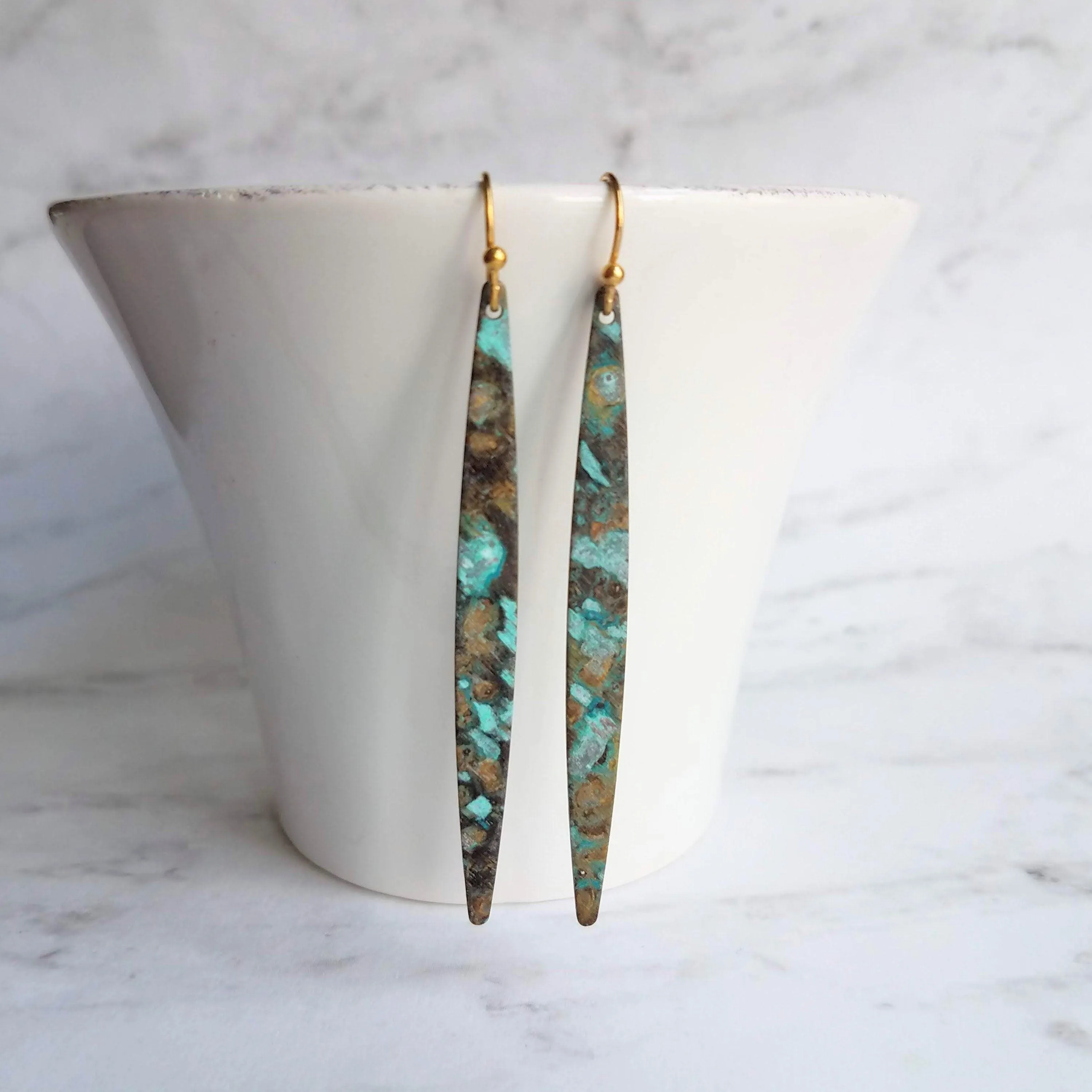 Long Thin Earrings - verdigris earring, patina earring, long spear earring, blue green earring, rustic earring, mottled earrring, black
