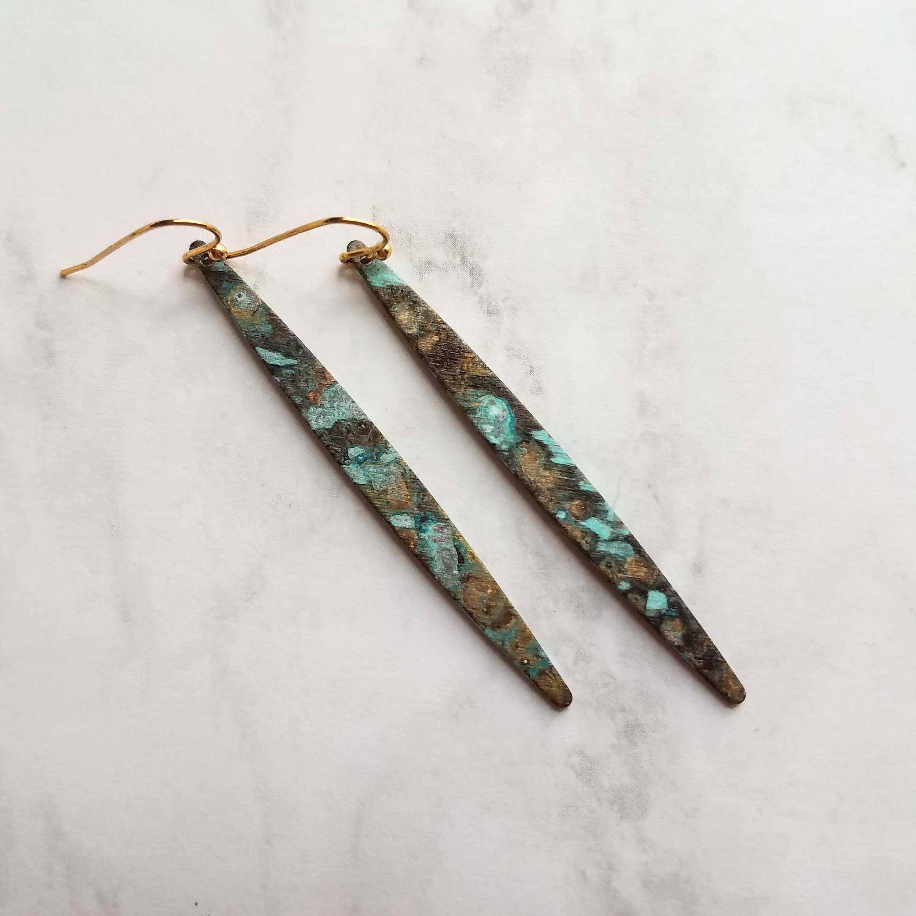 Long Thin Earrings - verdigris earring, patina earring, long spear earring, blue green earring, rustic earring, mottled earrring, black