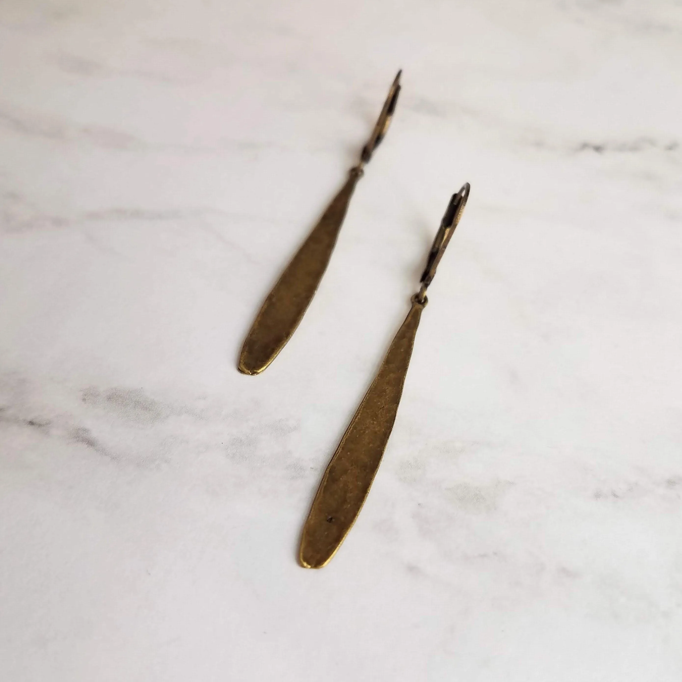 Long Thin Teardrop Earrings, bronze drop earring, long skinny earring, antique bronze earring, rustic earring, narrow drop earring leverback