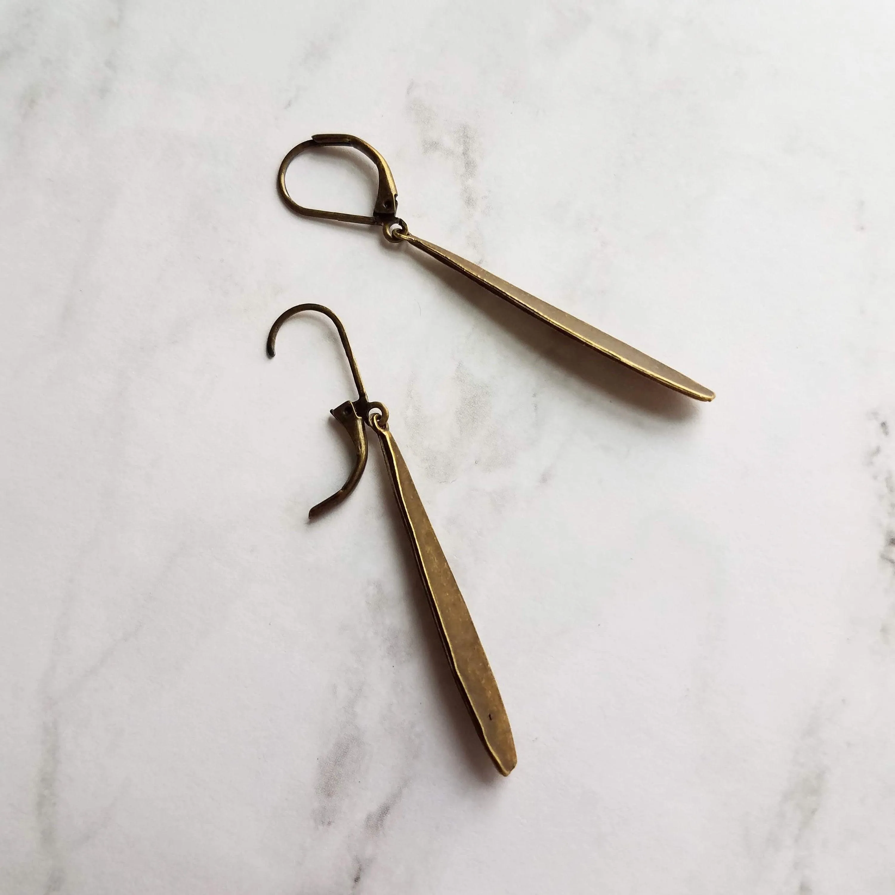 Long Thin Teardrop Earrings, bronze drop earring, long skinny earring, antique bronze earring, rustic earring, narrow drop earring leverback
