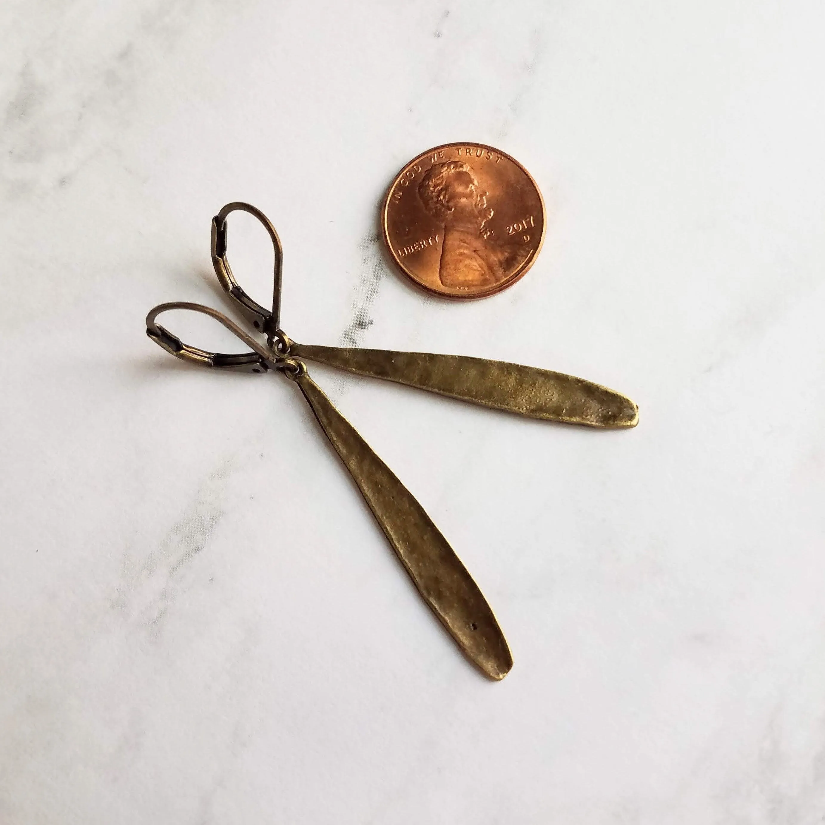 Long Thin Teardrop Earrings, bronze drop earring, long skinny earring, antique bronze earring, rustic earring, narrow drop earring leverback