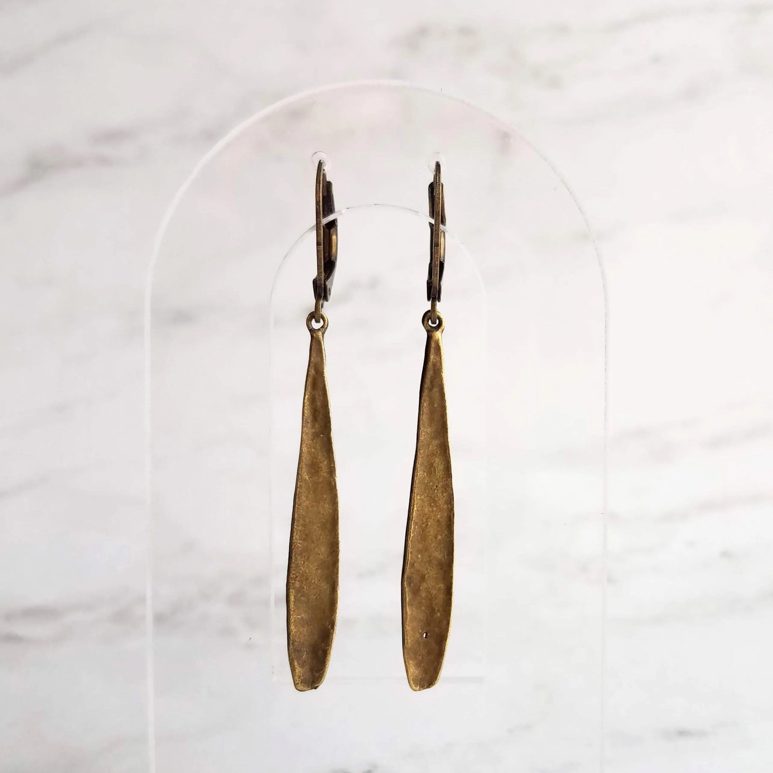 Long Thin Teardrop Earrings, bronze drop earring, long skinny earring, antique bronze earring, rustic earring, narrow drop earring leverback