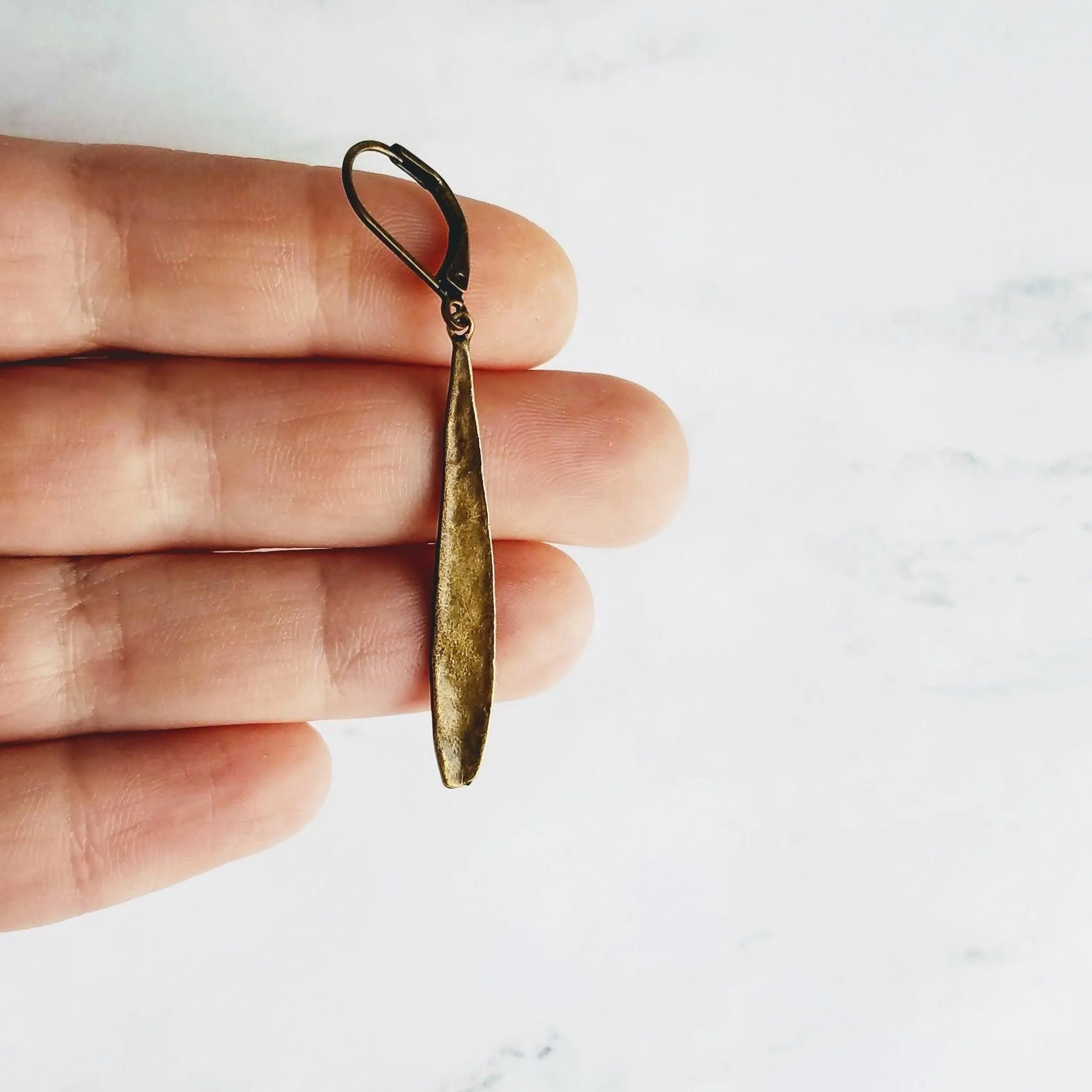 Long Thin Teardrop Earrings, bronze drop earring, long skinny earring, antique bronze earring, rustic earring, narrow drop earring leverback