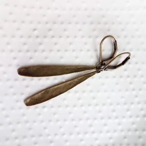 Long Thin Teardrop Earrings, bronze drop earring, long skinny earring, antique bronze earring, rustic earring, narrow drop earring leverback