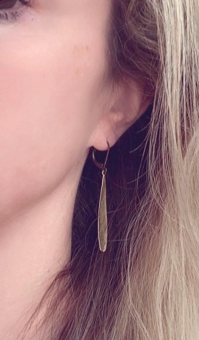 Long Thin Teardrop Earrings, bronze drop earring, long skinny earring, antique bronze earring, rustic earring, narrow drop earring leverback