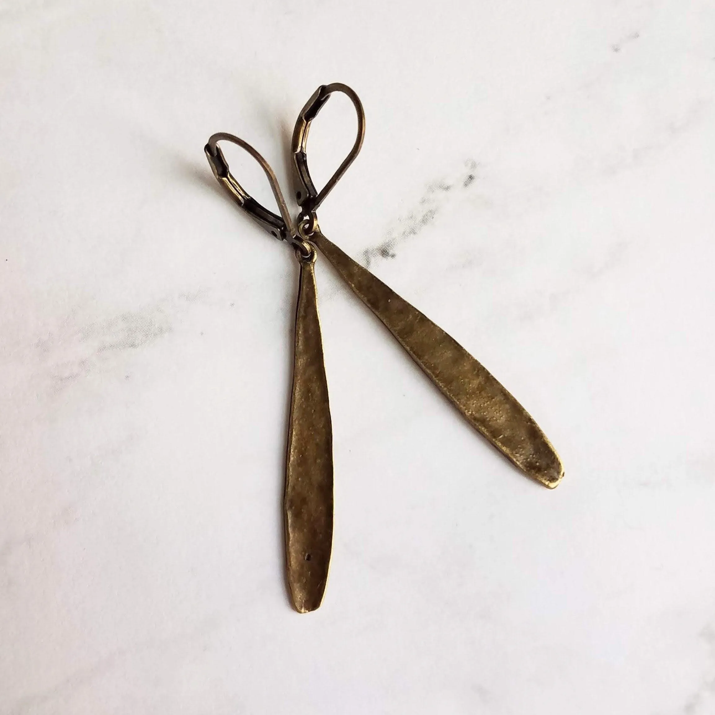 Long Thin Teardrop Earrings, bronze drop earring, long skinny earring, antique bronze earring, rustic earring, narrow drop earring leverback