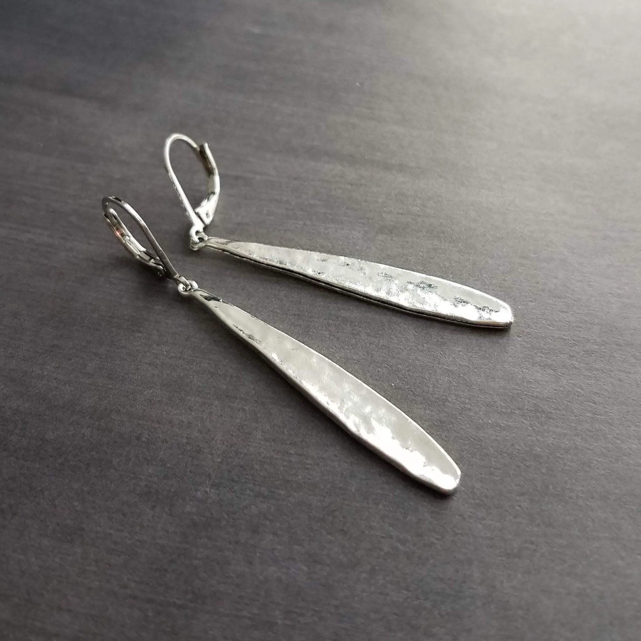Long Thin Teardrop Earrings, skinny narrow drop dangles, long silver drops, leverback earring, tear drop earring, silver teardrop earring