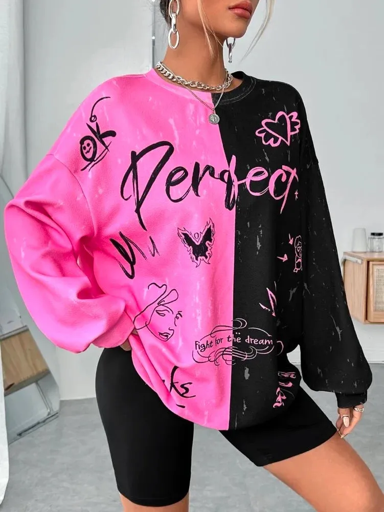 Loose Fluorescent Letter Graphic Two Tone Drop Shoulder Sweatshirt