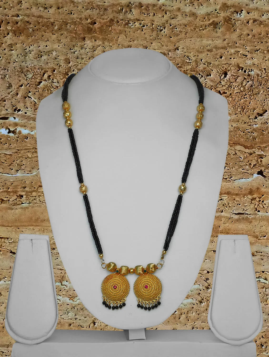 Maharashtrian Style Long Mangalsutra Designs Gold Plated Vati Pendant with Latkan (38 Inches)