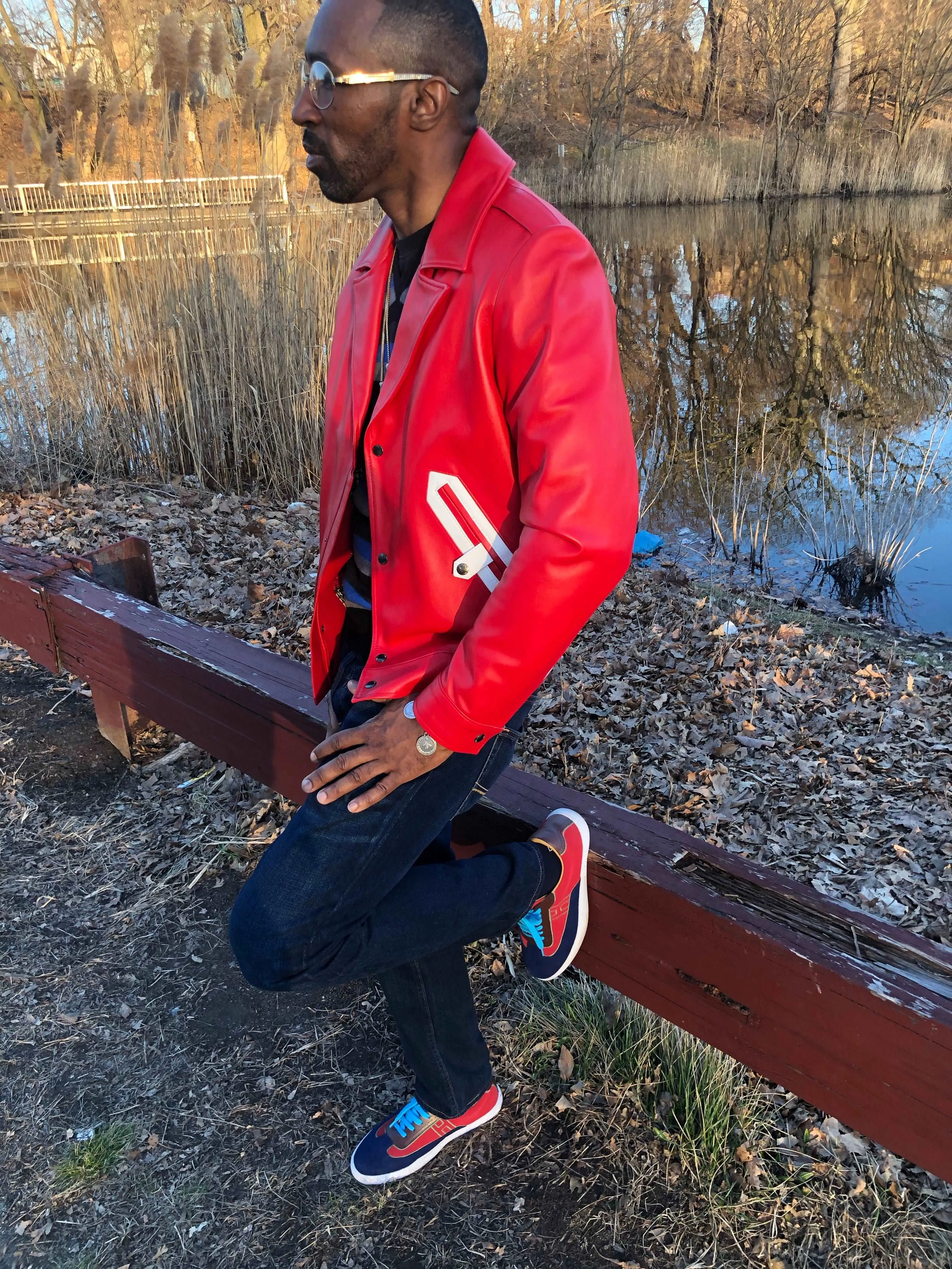 Men's Custom Made Red Lambskin Leather Moto/Varsity Jacket