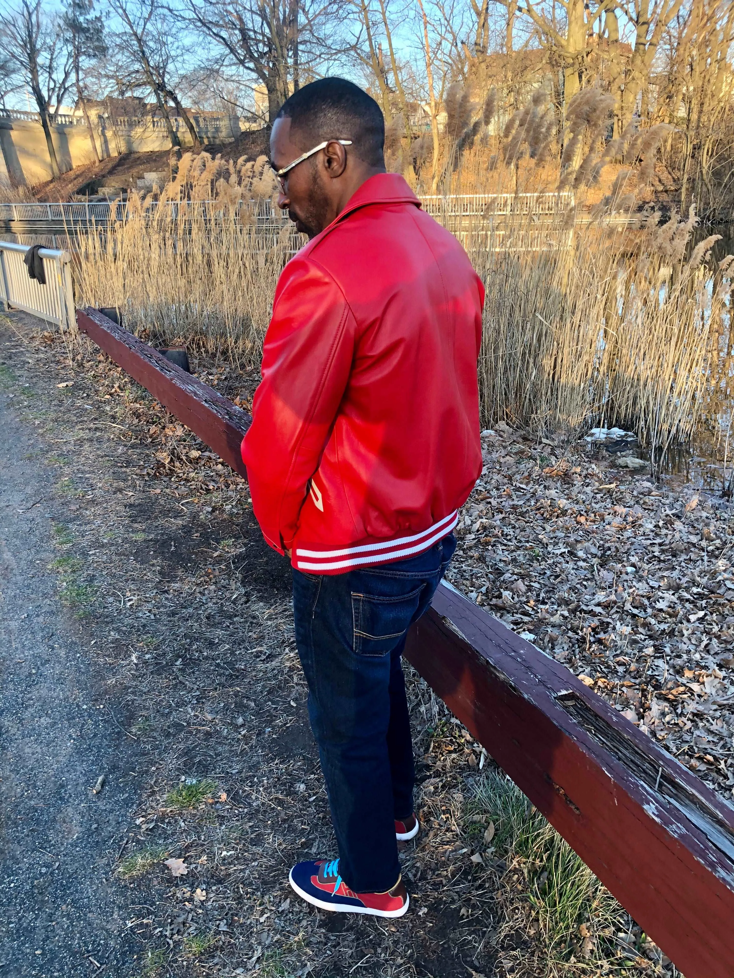 Men's Custom Made Red Lambskin Leather Moto/Varsity Jacket