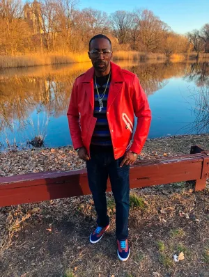 Men's Custom Made Red Lambskin Leather Moto/Varsity Jacket