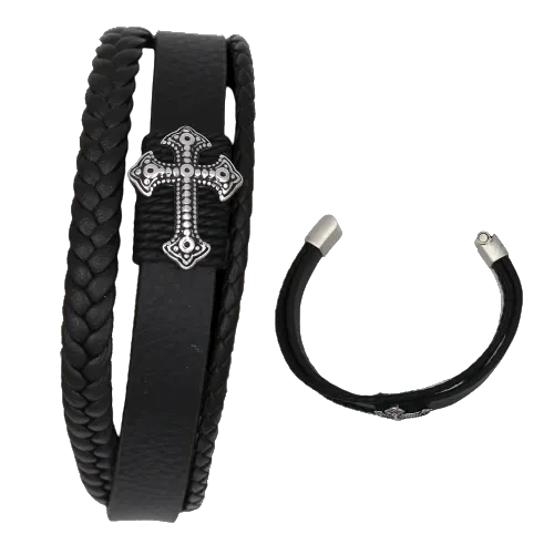 Men's Genuine Leather Bracelet with Cross