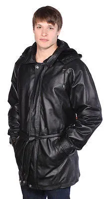 MEN'S LONG 3/4 PARKA MID-LENGHT HOODED PREMIUM NAPPA LEATHER JACKET BLACK