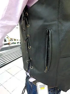 Men's Motorcycle Blk 10 Pocket Tall Extra 3" Long leather vest with 2 gun pockets