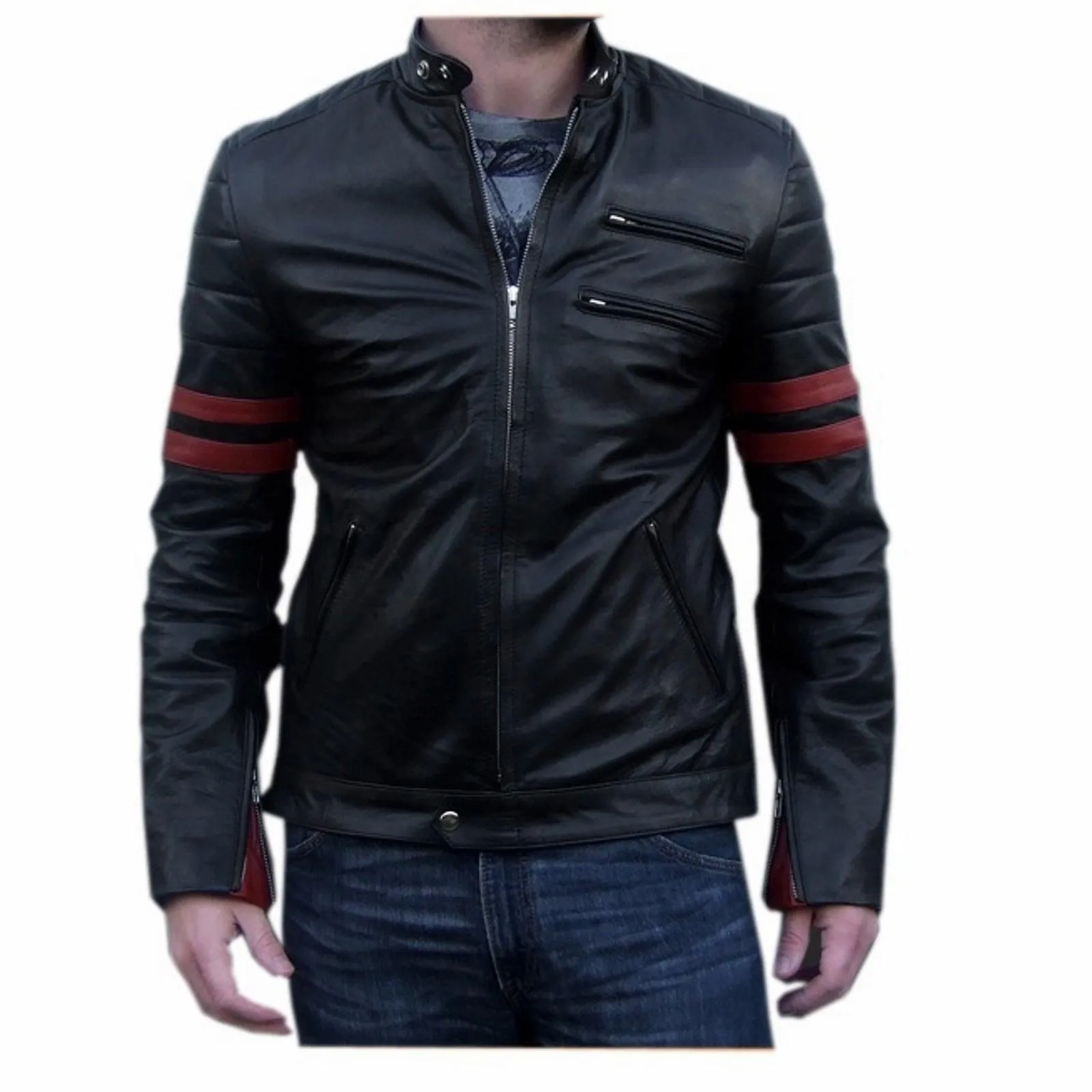 Men's Motorcycle Leather Jacket Black MJ002