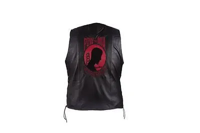 MEN'S MOTORCYCLE POW MIA EMBOSSED FRONT BACK SIDE LACE LEATHER VEST SOFT LEATHER