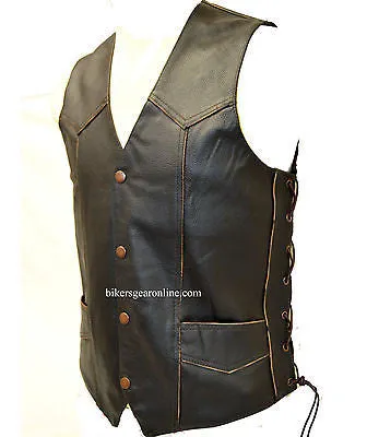 Men's Motorcycle Retro Brn Side Lace Leather vest with Skull & Wings back embossed