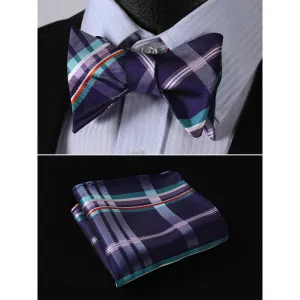 Men's Purple Aqua Orange Check Bow Tie & Pocket Handkerchief - Identical 21