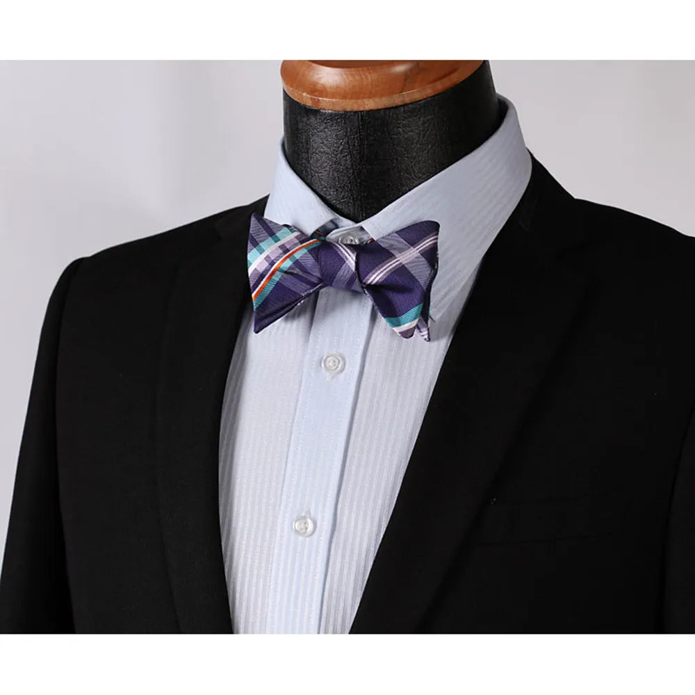 Men's Purple Aqua Orange Check Bow Tie & Pocket Handkerchief - Identical 21