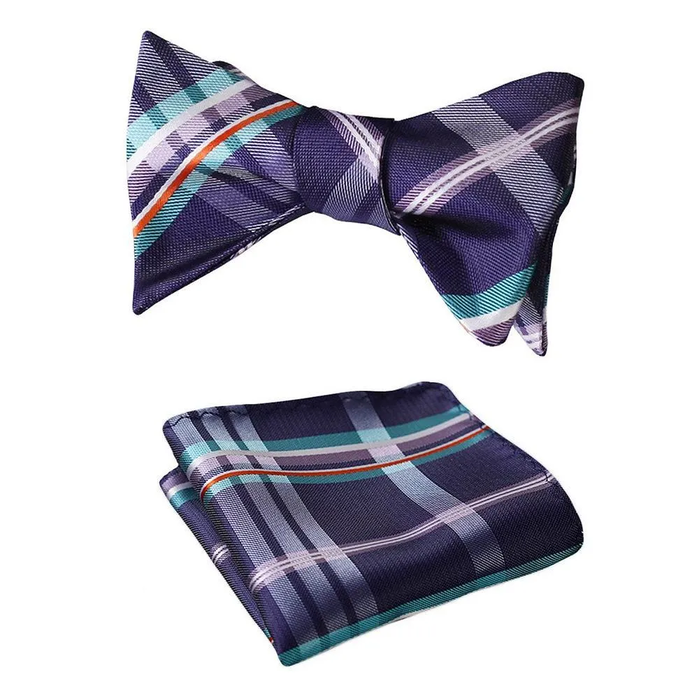 Men's Purple Aqua Orange Check Bow Tie & Pocket Handkerchief - Identical 21