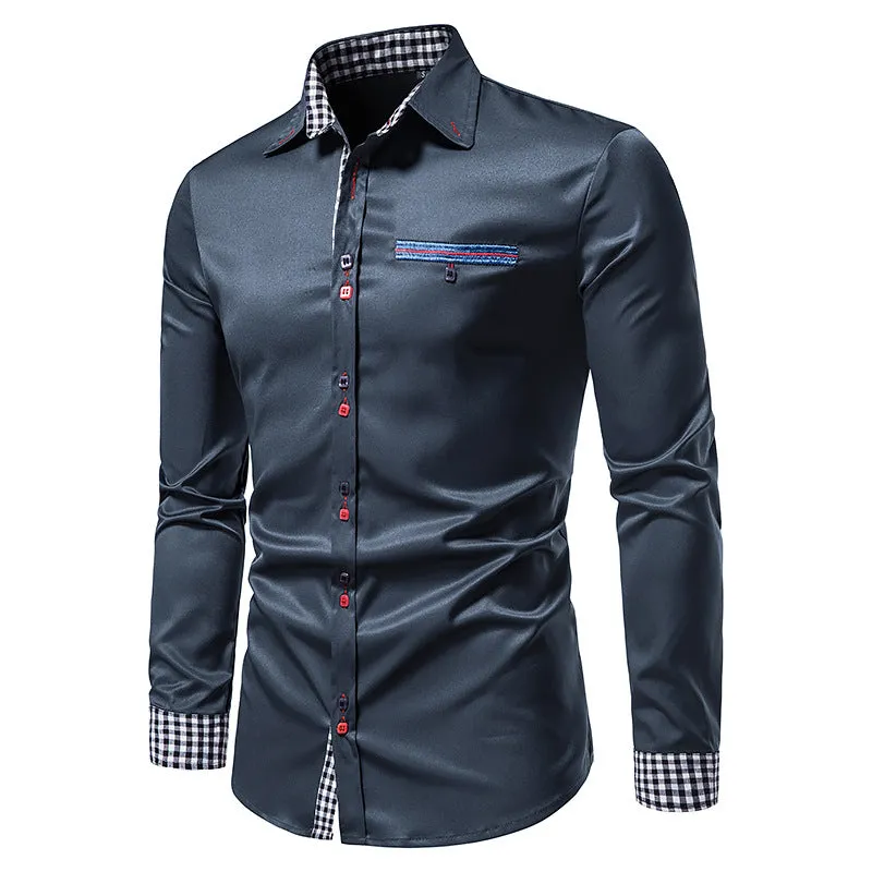 Men's Slim Long Sleeve Color Block Shirt Buttoned Shirt