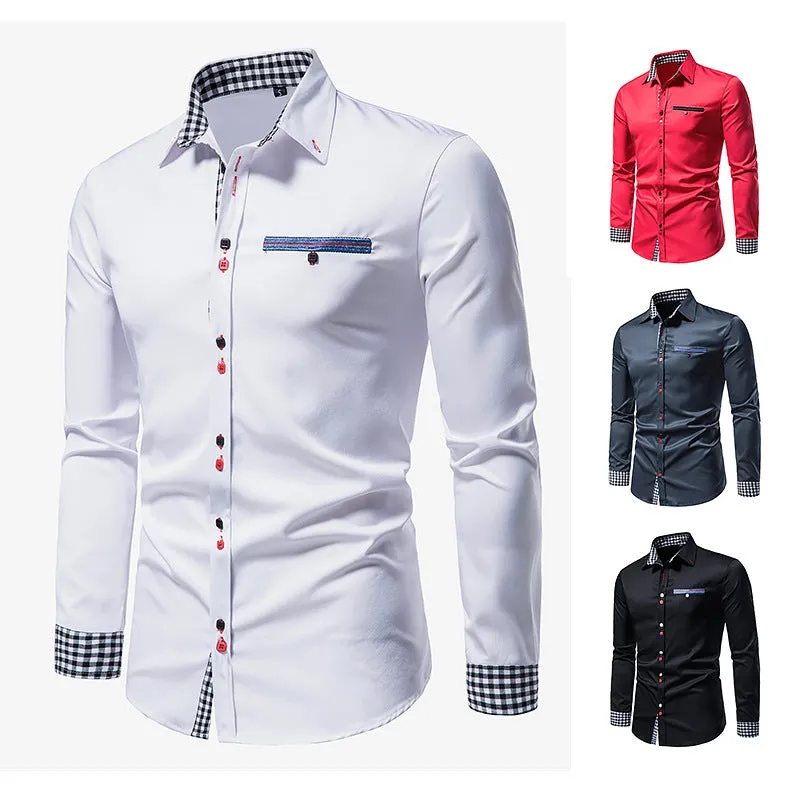 Men's Slim Long Sleeve Color Block Shirt Buttoned Shirt