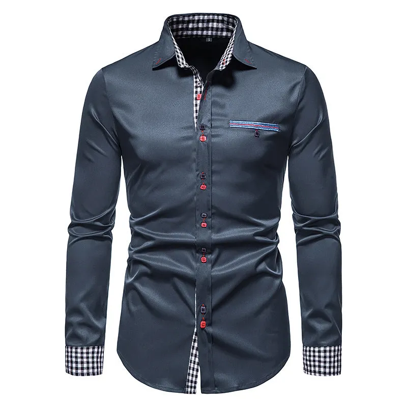 Men's Slim Long Sleeve Color Block Shirt Buttoned Shirt