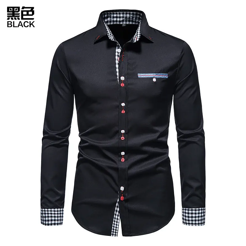 Men's Slim Long Sleeve Color Block Shirt Buttoned Shirt