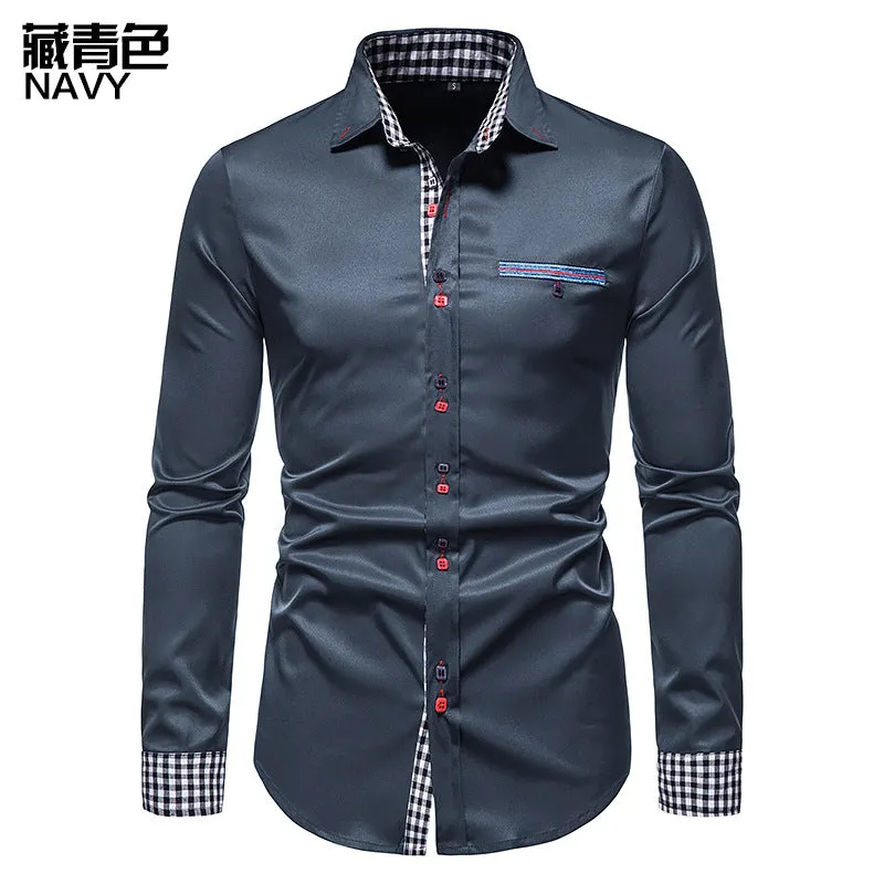 Men's Slim Long Sleeve Color Block Shirt Buttoned Shirt