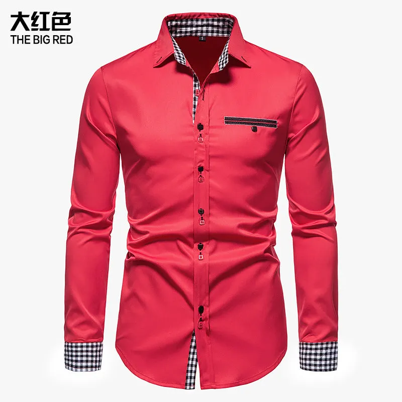 Men's Slim Long Sleeve Color Block Shirt Buttoned Shirt