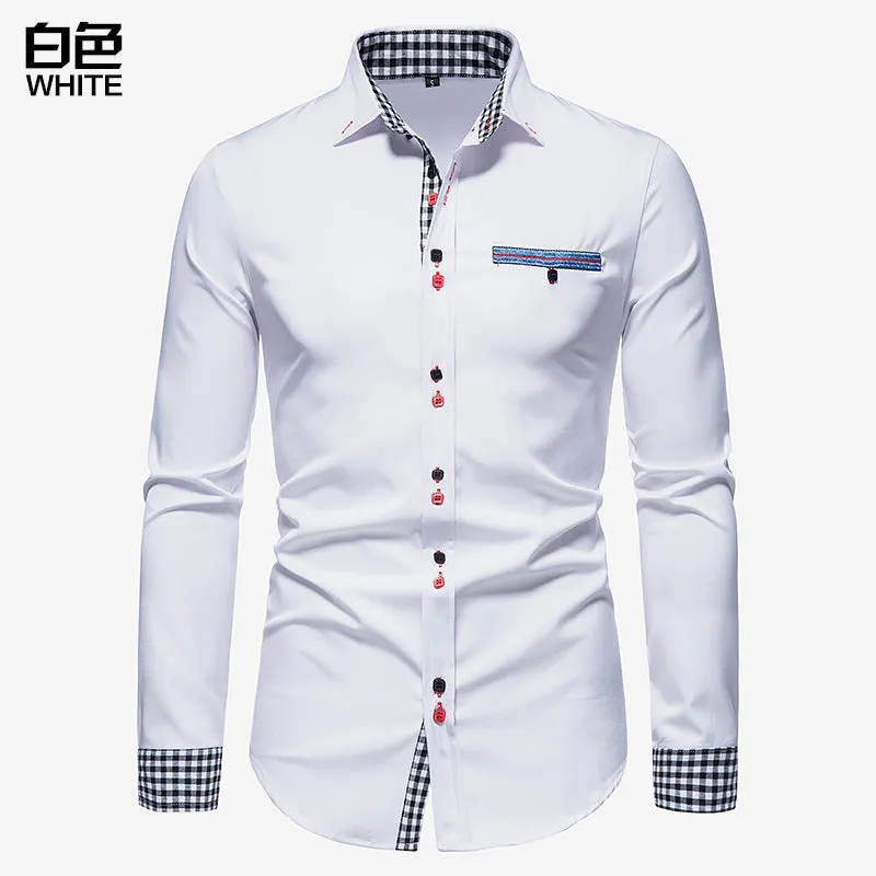 Men's Slim Long Sleeve Color Block Shirt Buttoned Shirt