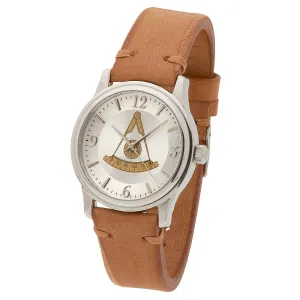 Men's Stainless Steel Bulova Masonic Past Master Watch w/ Tan Leather Strap