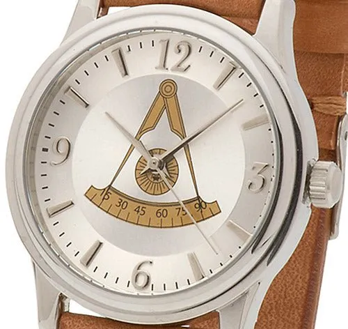 Men's Stainless Steel Bulova Masonic Past Master Watch w/ Tan Leather Strap