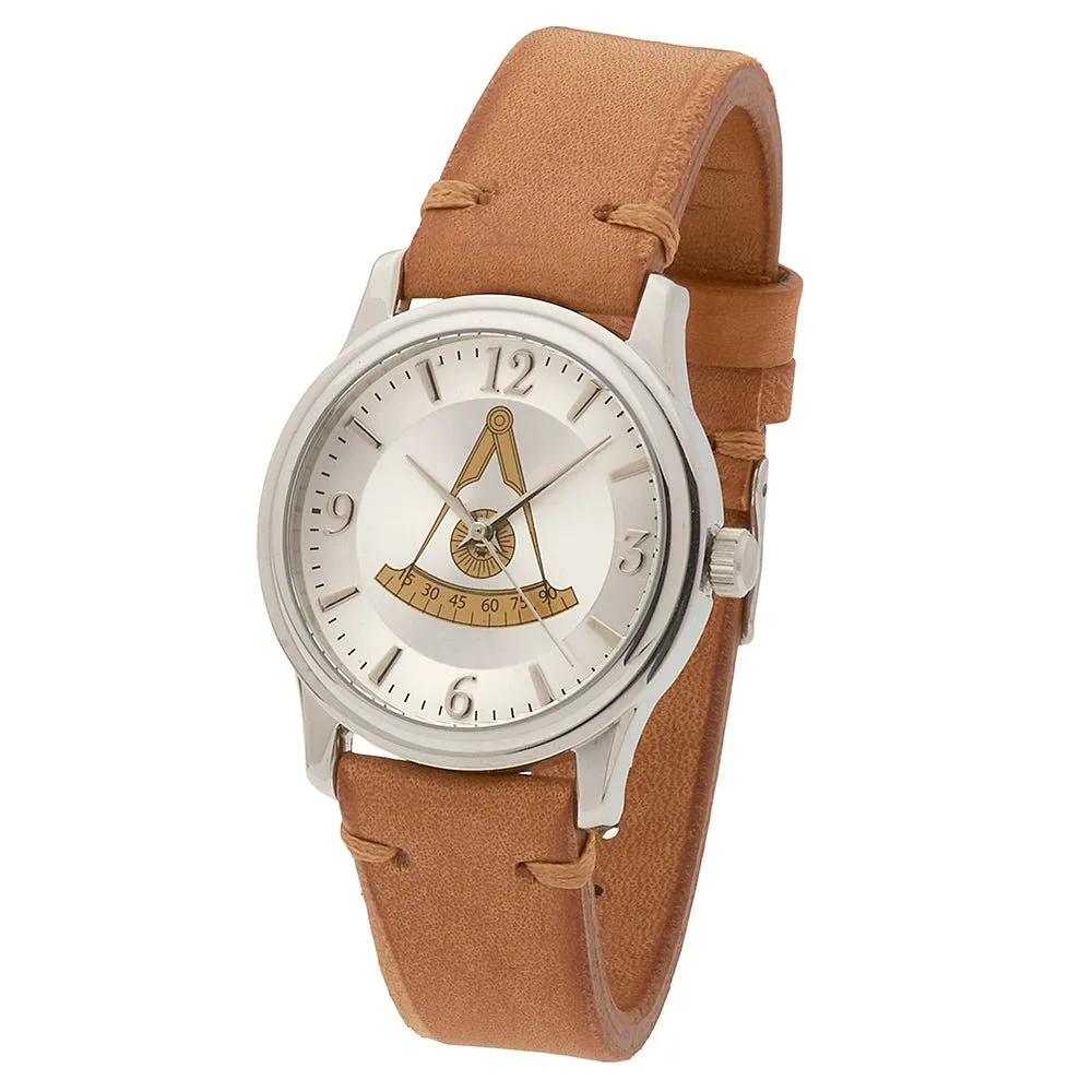 Men's Stainless Steel Bulova Masonic Past Master Watch w/ Tan Leather Strap