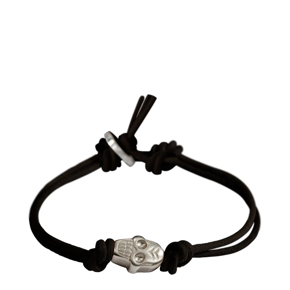 Men's Sterling Silver Single Large Skull Bracelet on Black Leather Cord with Button Closure