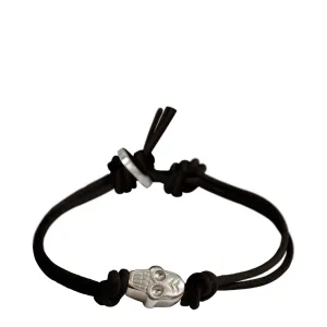 Men's Sterling Silver Single Large Skull Bracelet on Black Leather Cord with Button Closure